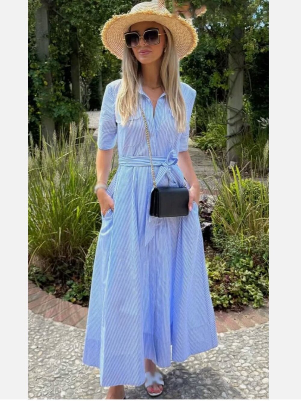 Zara Blue and White Striped Maxi Poplin Shirt dress Waist Tie S M NWT 2640/596 - Picture 3 of 17